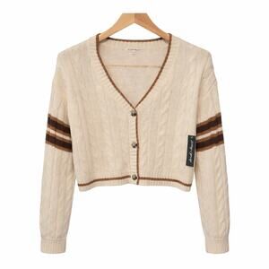 Derek Heart Cropped Cardigan Womens Large Cream Cable Knit Academia Preppy NWT